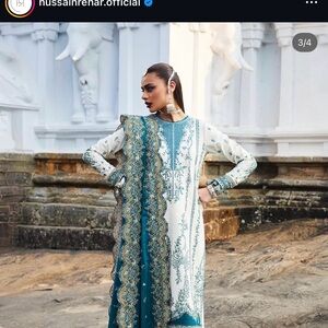 Elegant Teal & Cream Long Sleeve Embroidered Dress